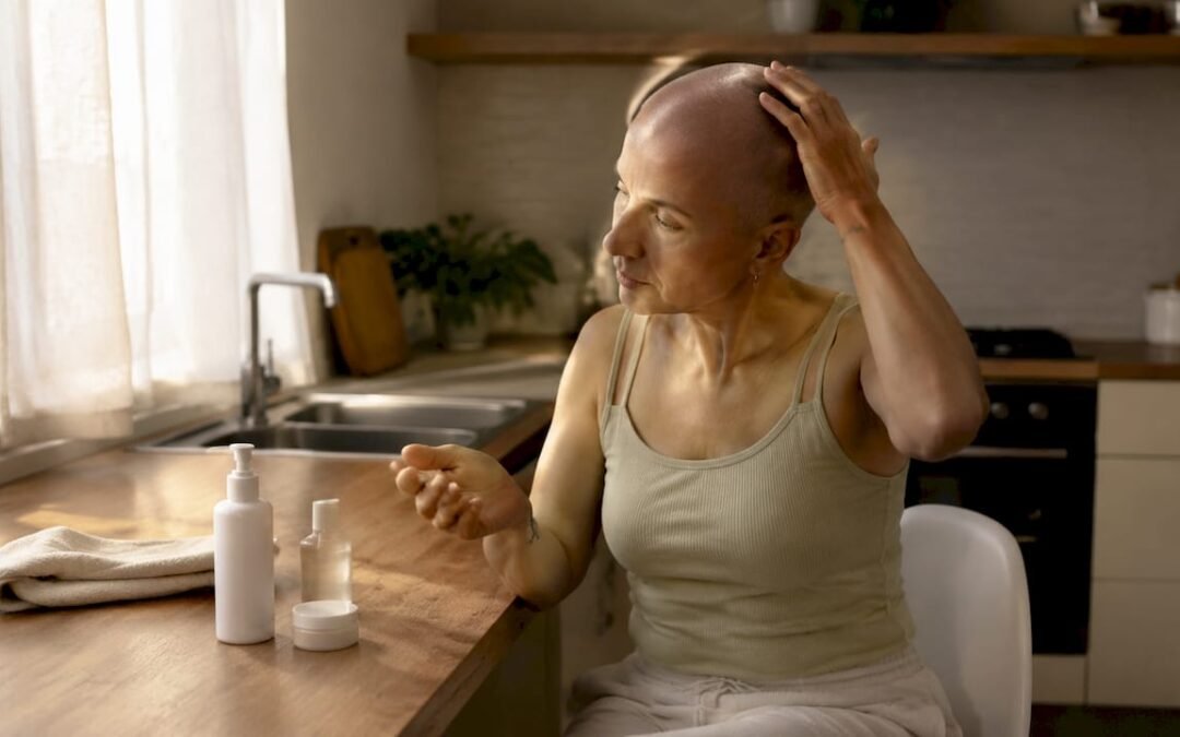 Woman applying moisturizer on alopecia scalp